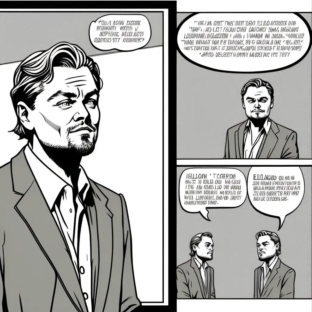cartoon strip::single frame::Leonardo DiCaprio::facing left::Hello in single text bubble