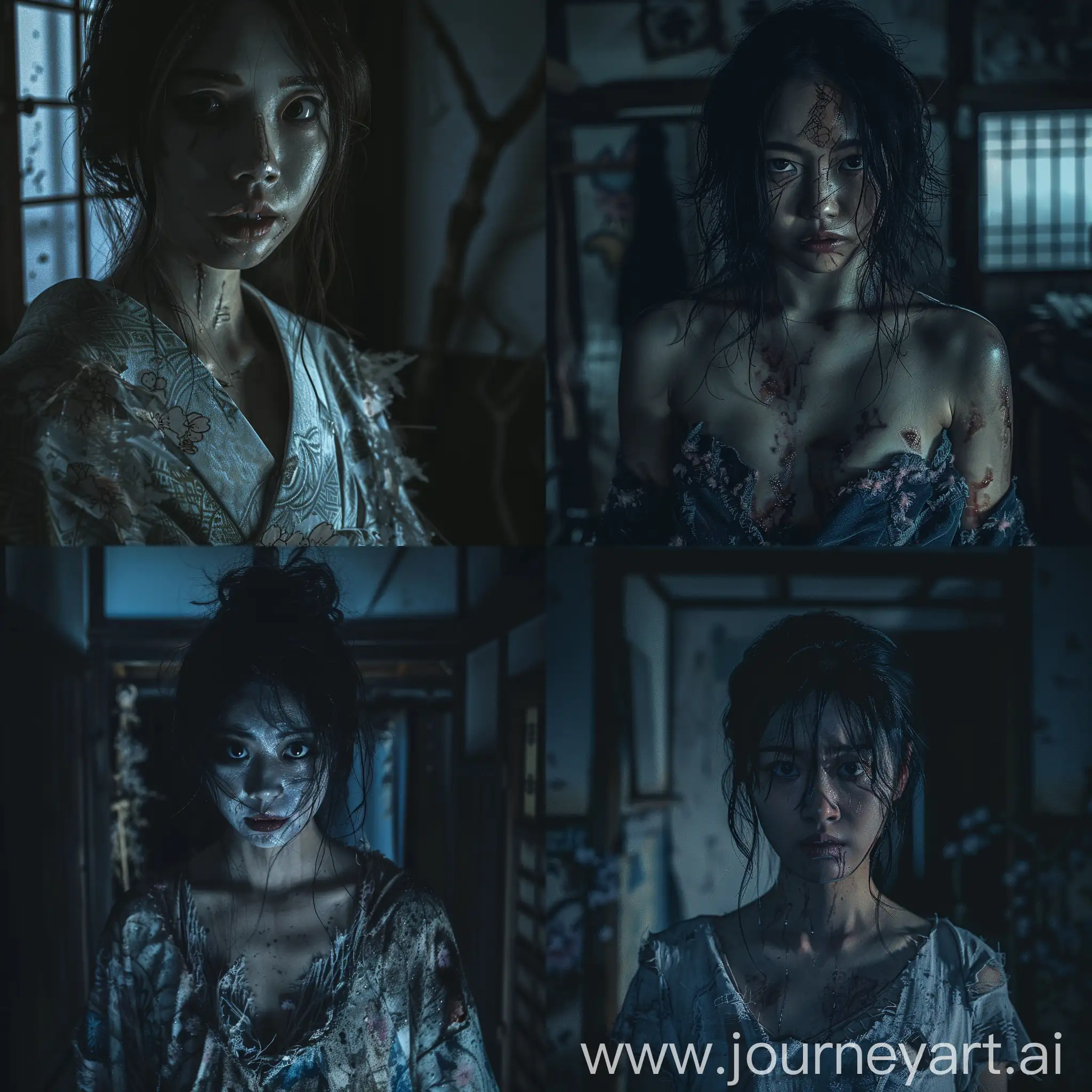 Japanese woman with ripped sakura attire, she has a scary face, dark environment, haunted japanese home, weird looking, mysterious, creepy atmosphere, cinematic lighting, horror movie style, realistic image