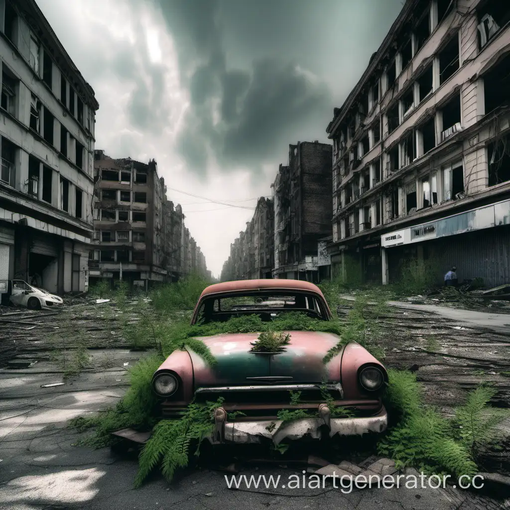 Streets destroyed by time, the sky in the clouds, people abandoned this place. Plants on the roads, abandoned cars. This used to be a city