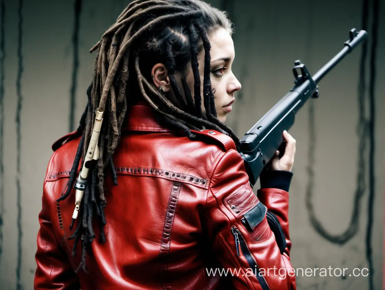 Brunette-Woman-with-Dreadlocks-and-Scar-Wearing-Red-Leather-Jacket-with-Rifle