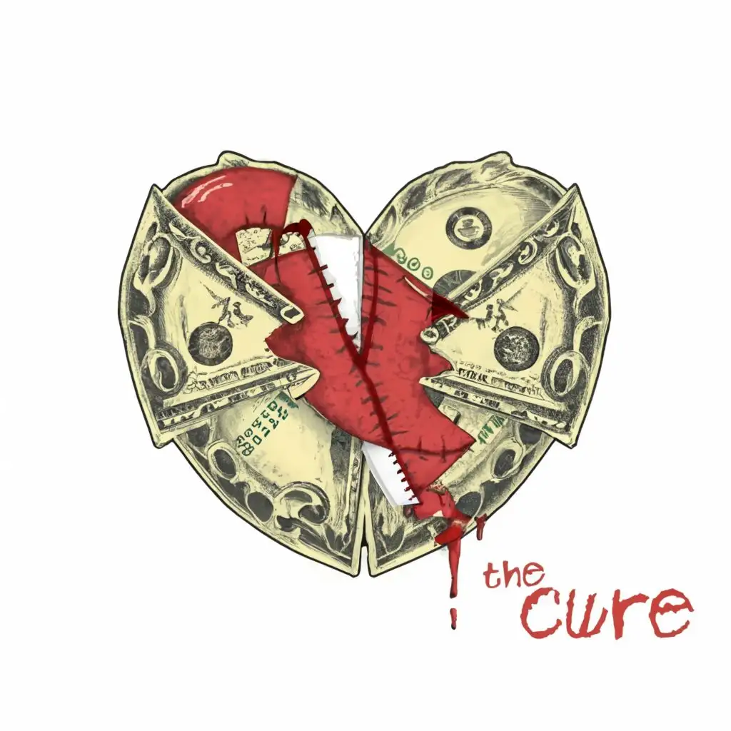 logo, ogo, broken heart with stitches, the band-aid covering the heart are made of dollar notes, with the text "the Cure", typography, be used in Retail industry