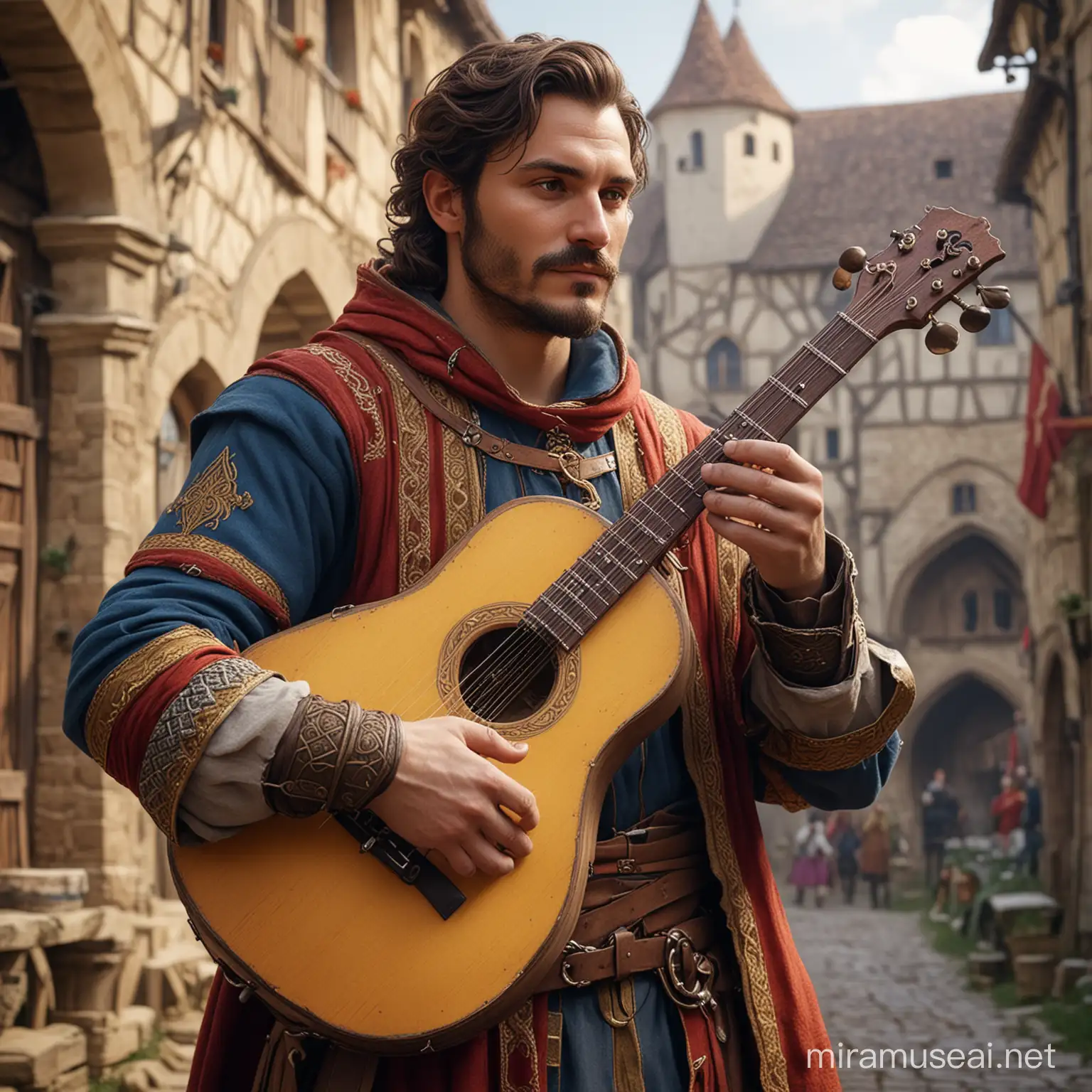 Colorful Medieval Bard Performing in a Vibrant Fantasy World