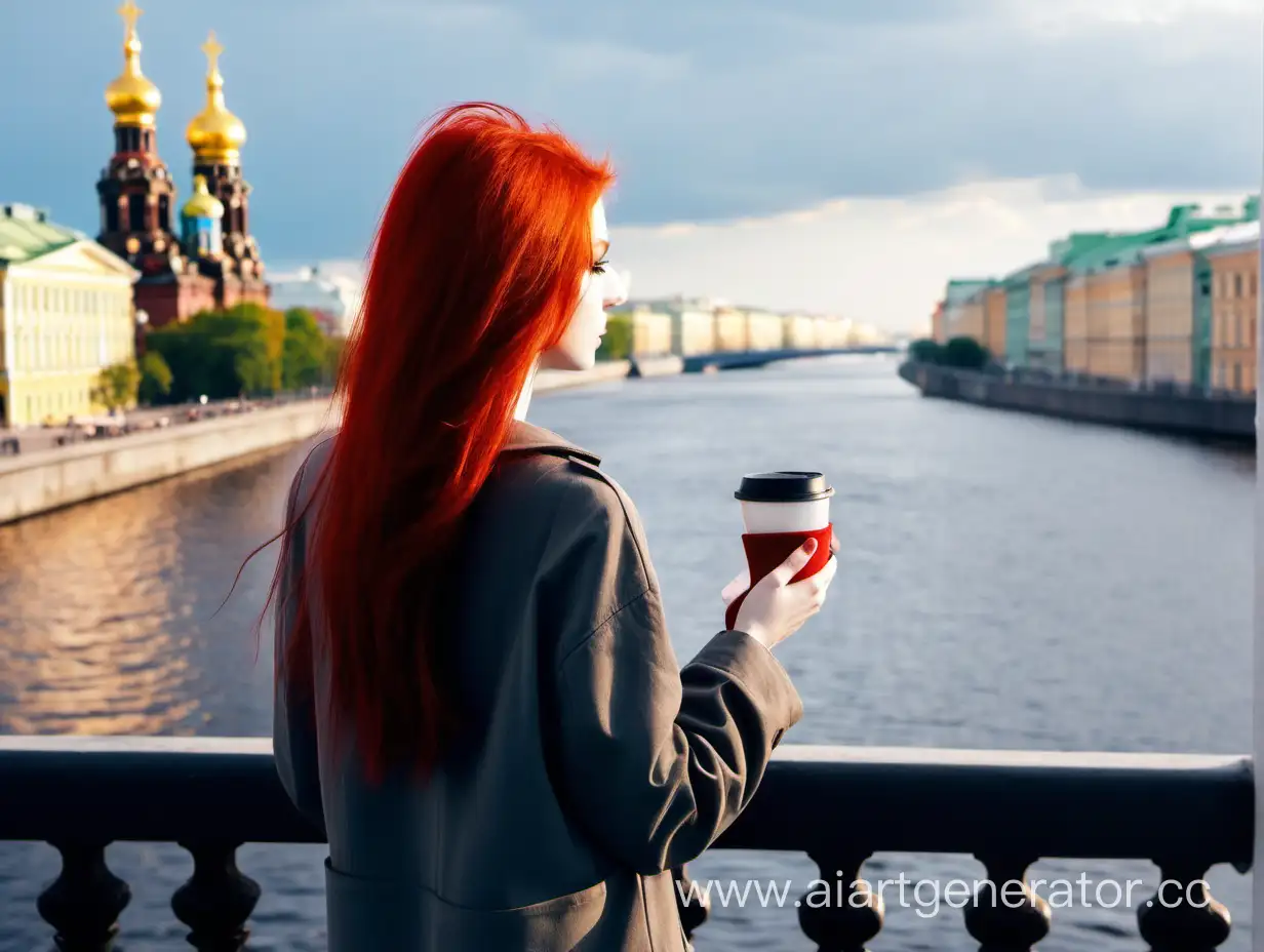Девушка с рыжими волосами, стоит спиной в руках стаканчик с кофем на фоне Питера