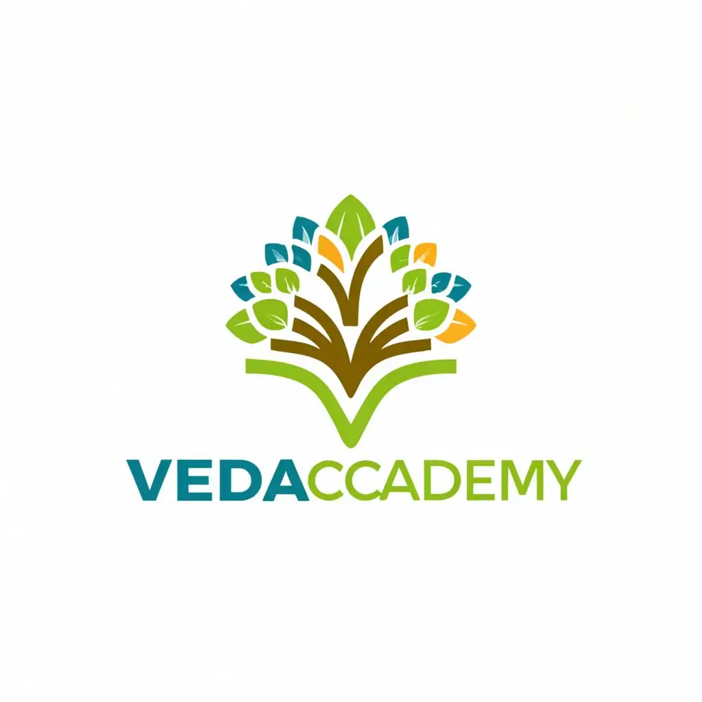 a logo design,with the text "Veda Academy", main symbol:Tree,book,pencil,Moderate,be used in Education industry,clear background