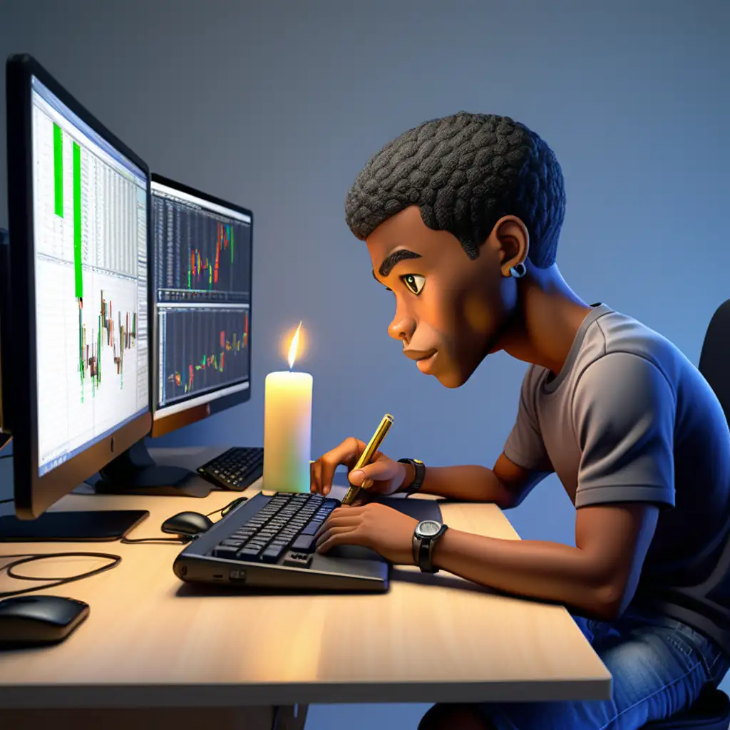 create a 3d image cartoon of a black young man with short hair on his computer trading forex,  make the candle sticks appear on the computer, 
make the image appear in the bedroom with wall hangings of forex