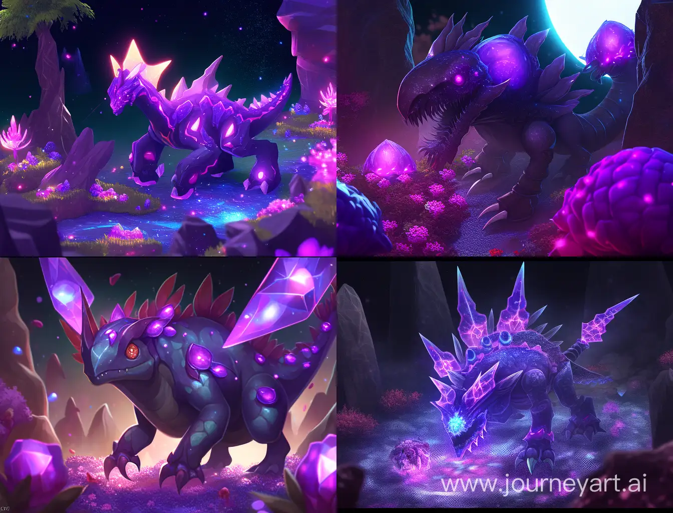 Фиолетовый демонический тропеозавр с фиолетовыми огненными крыльями сидит в каменном угодье в котором полно светящихся кристаллов