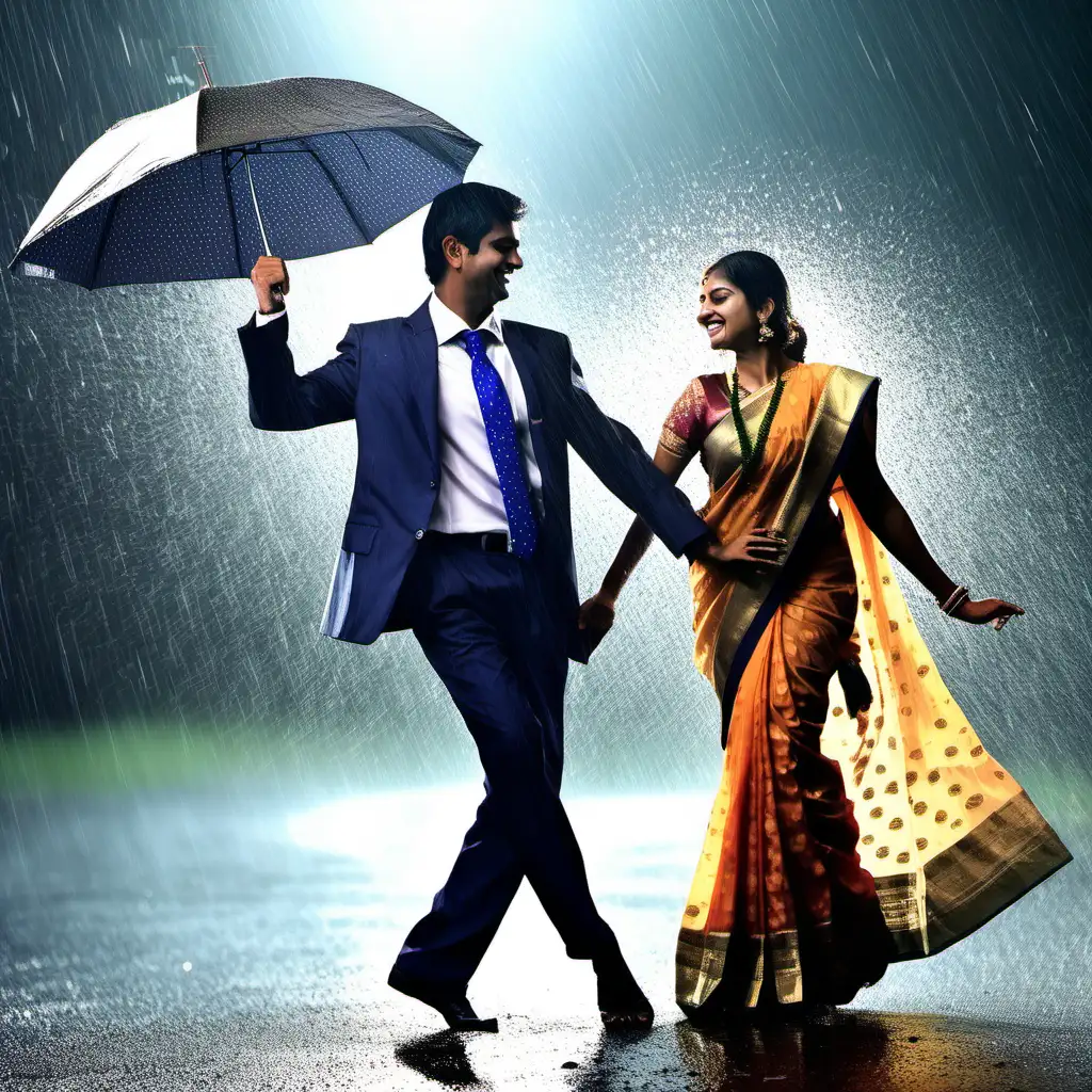 Indian couple in dancing rain, men wearing a suit and gir wearing a saree