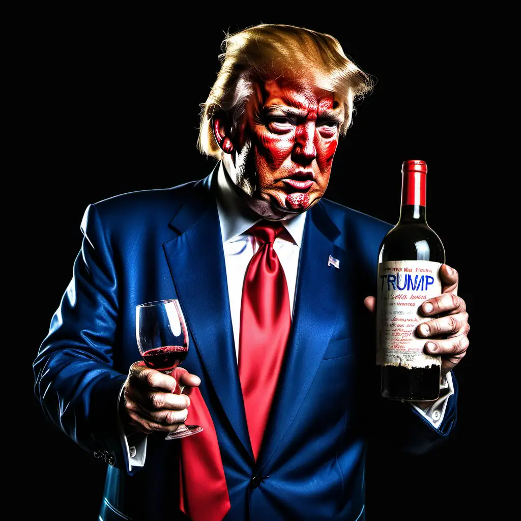 black background:::donald j trump as a drunkard::badly tattered blue suit with solid red tie::cheap bottle of wine in his hand