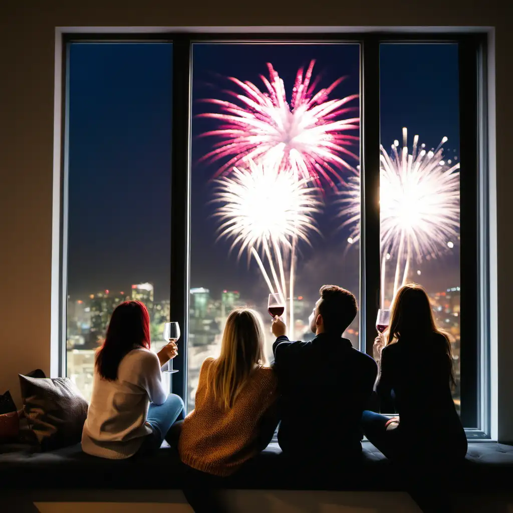 a group of friends sitting by a windoor with wine glass having a clear view of new years fire works 