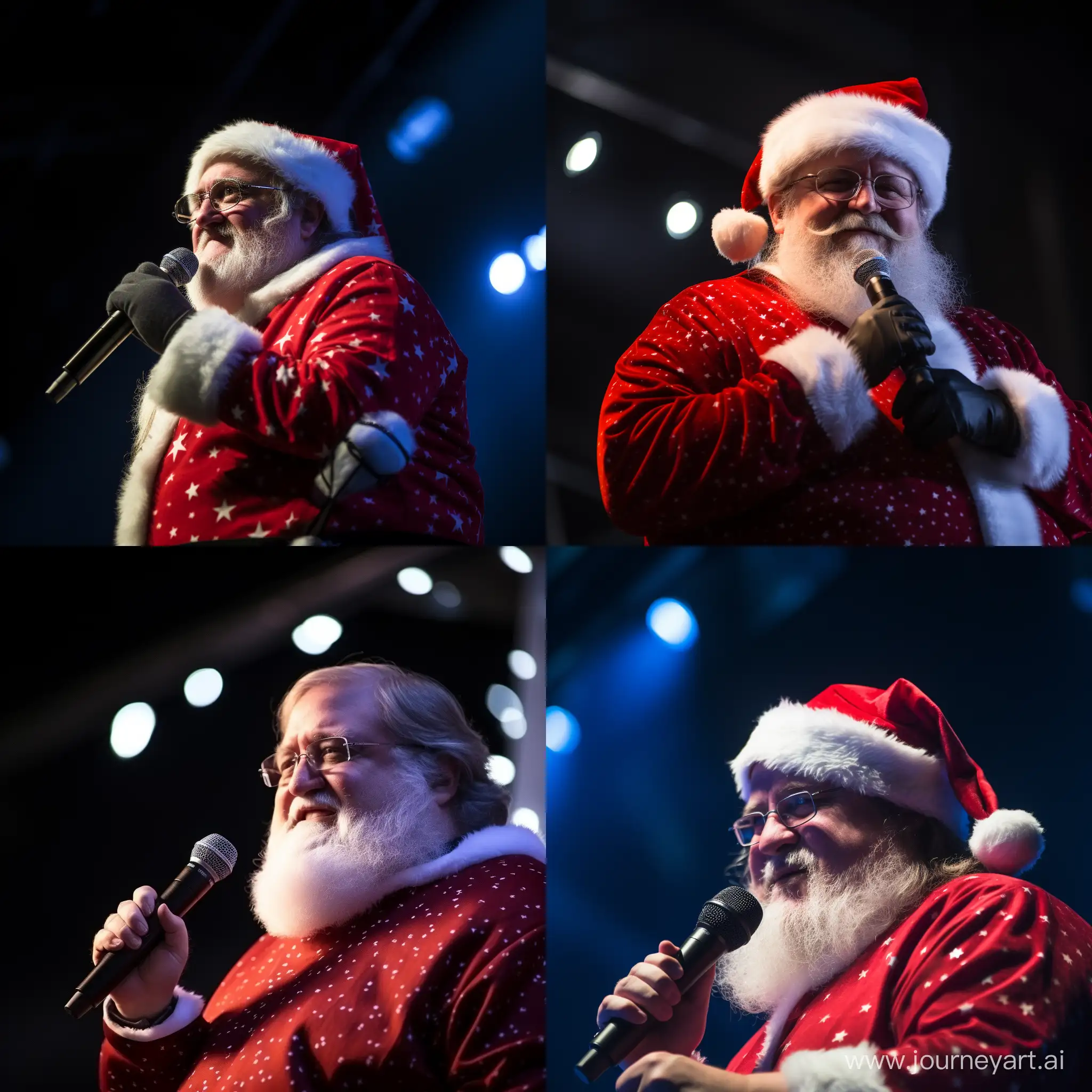 Gabe Newell stands on stage with a microphone dressed as Santa Claus