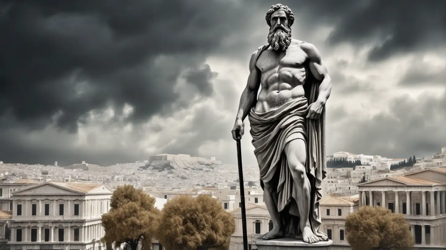 "Craft an evocative image featuring an aged Greek man statue with a long beard and muscular physique at the heart of an ancient city. Surround the statue with a plethora of buildings, capturing the essence of a thriving historical metropolis. Ensure the scene exudes an atmosphere of wisdom, strength, and architectural splendor. The background should showcase the vibrant tapestry of an ancient urban landscape, emphasizing the significance of the aged statue in the midst of a bustling city center." Darken black clouds and whole image must be in black and white