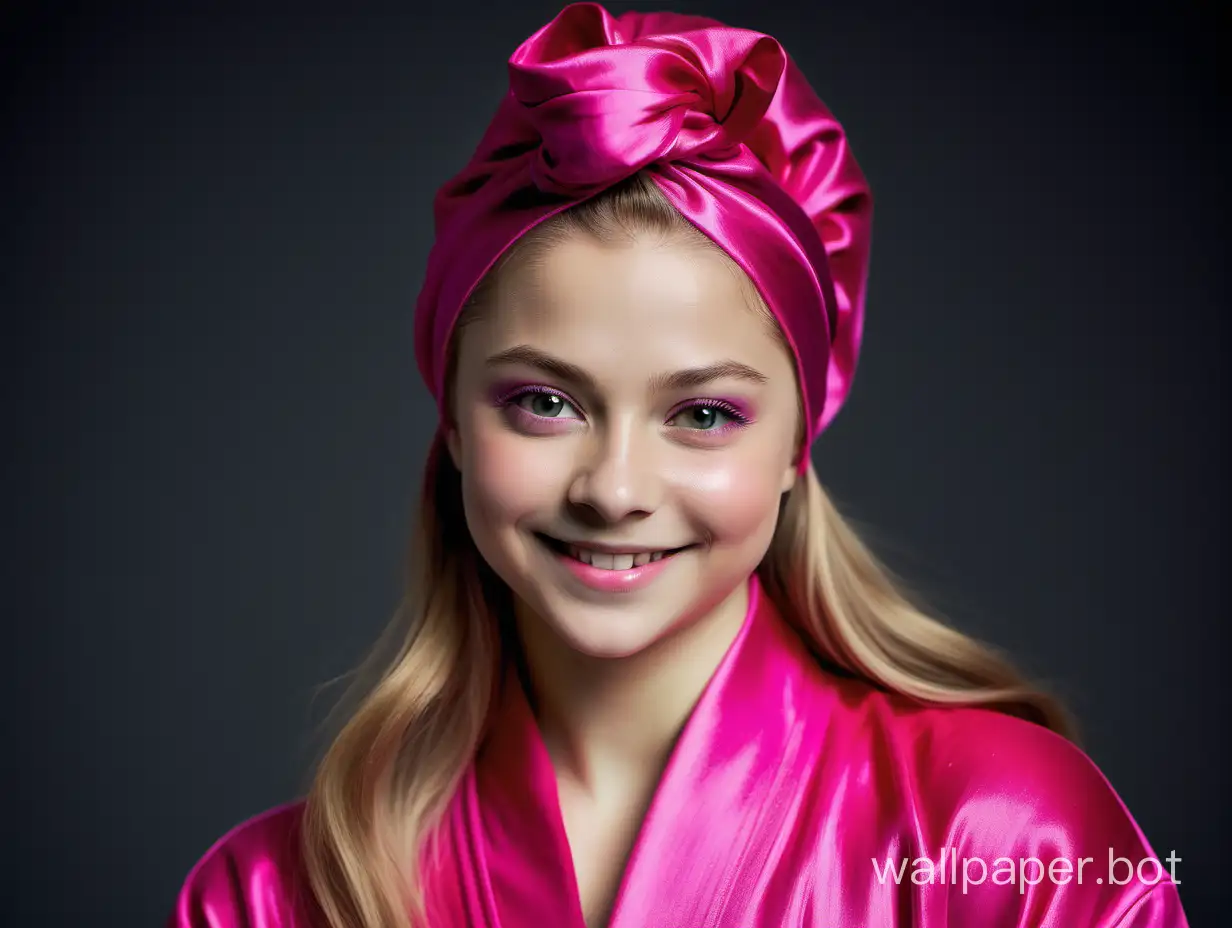 Yulia Lipnitskaya smiles beautifully with long hair in a silk robe of fuchsia color with a pink silk towel turban on her head