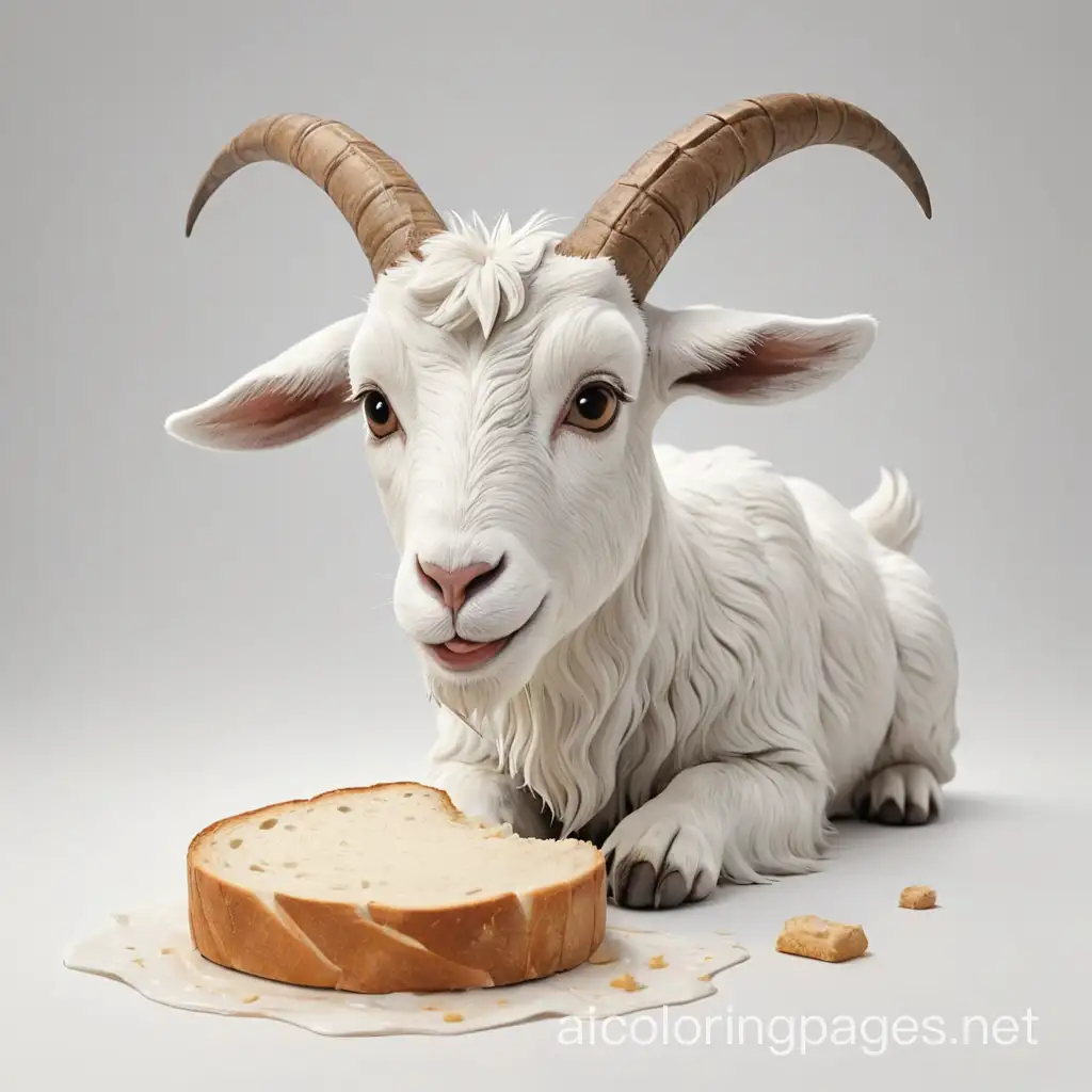 goat eating sourdough, Coloring Page, black and white, line art, white background, Simplicity, Ample White Space. The background of the coloring page is plain white to make it easy for young children to color within the lines. The outlines of all the subjects are easy to distinguish, making it simple for kids to color without too much difficulty