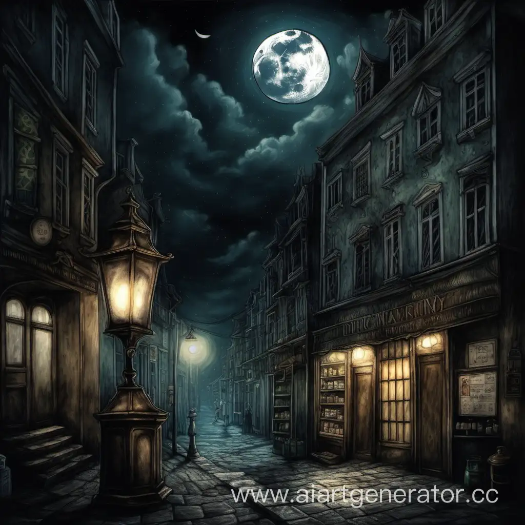 Enchanting-Night-Scene-Illuminated-Street-with-a-Dimly-Lit-Pharmacy-and-Moon