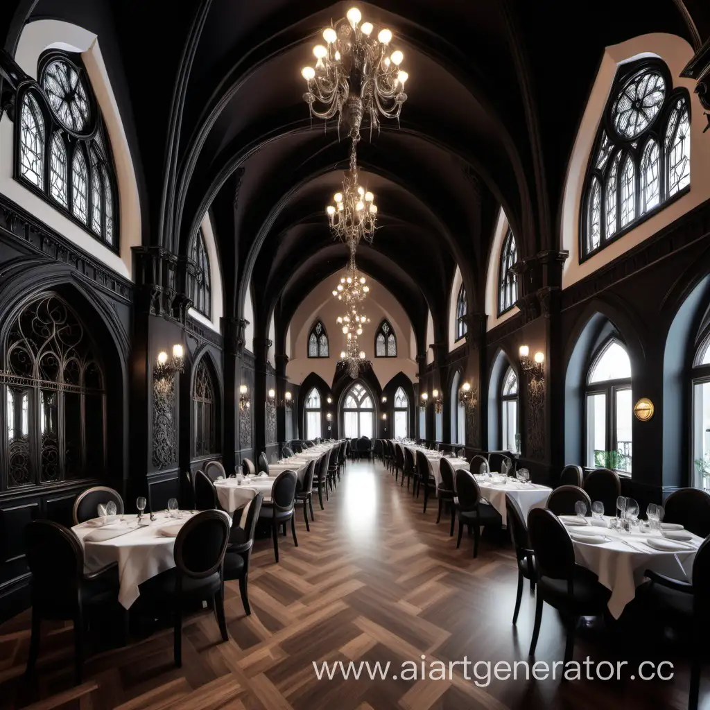 изобрази основной зал элитного ресторана на 70 столов в готическом стиле "OranRest"