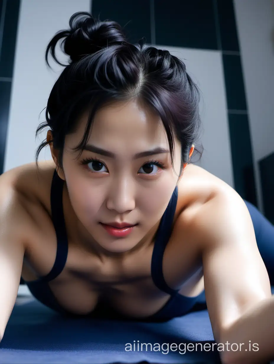 a photo of Yuri, a Japanese prosperous, good-looking, slender Pilates trainer female with perfect grammar, sharp abs. Just came back home from college with black wavy bun hair, taking a self-picture drying after a shower. Wearing adult feminine navy blue light clothes. Extreme close-up lying face down, sharp abs.