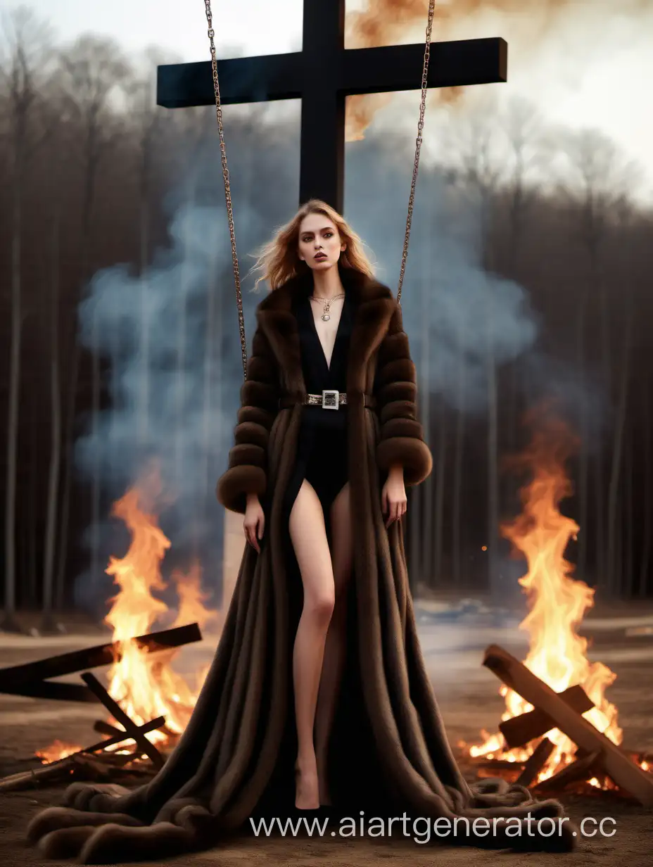 Tall-Girl-Suspended-on-Cross-in-Luxurious-Sable-Coat-above-Bonfire