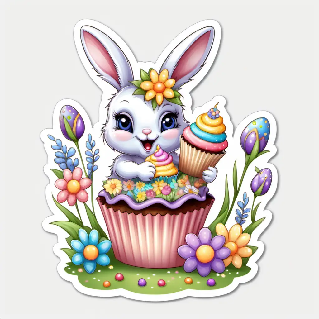 fairytale,whimsical,
COLORFUL 
cartoon,EASTER BABY BUNNY STICKER, spring flowers ,HOLDING A DECORATED CUPCAKE,
bright pastel, white background,