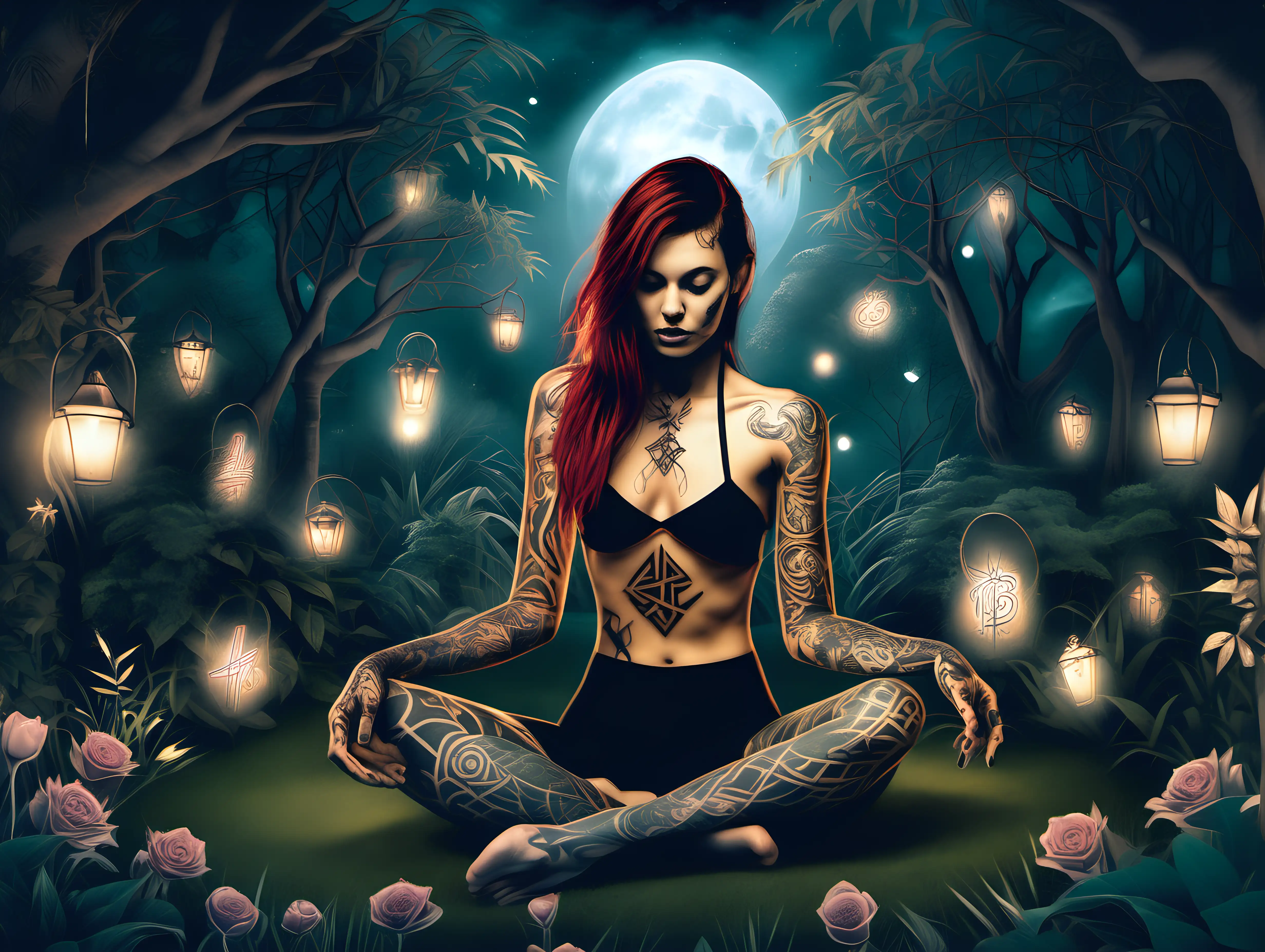 Moonlit Garden Enchantment with Draconic Runes Tattooed Woman