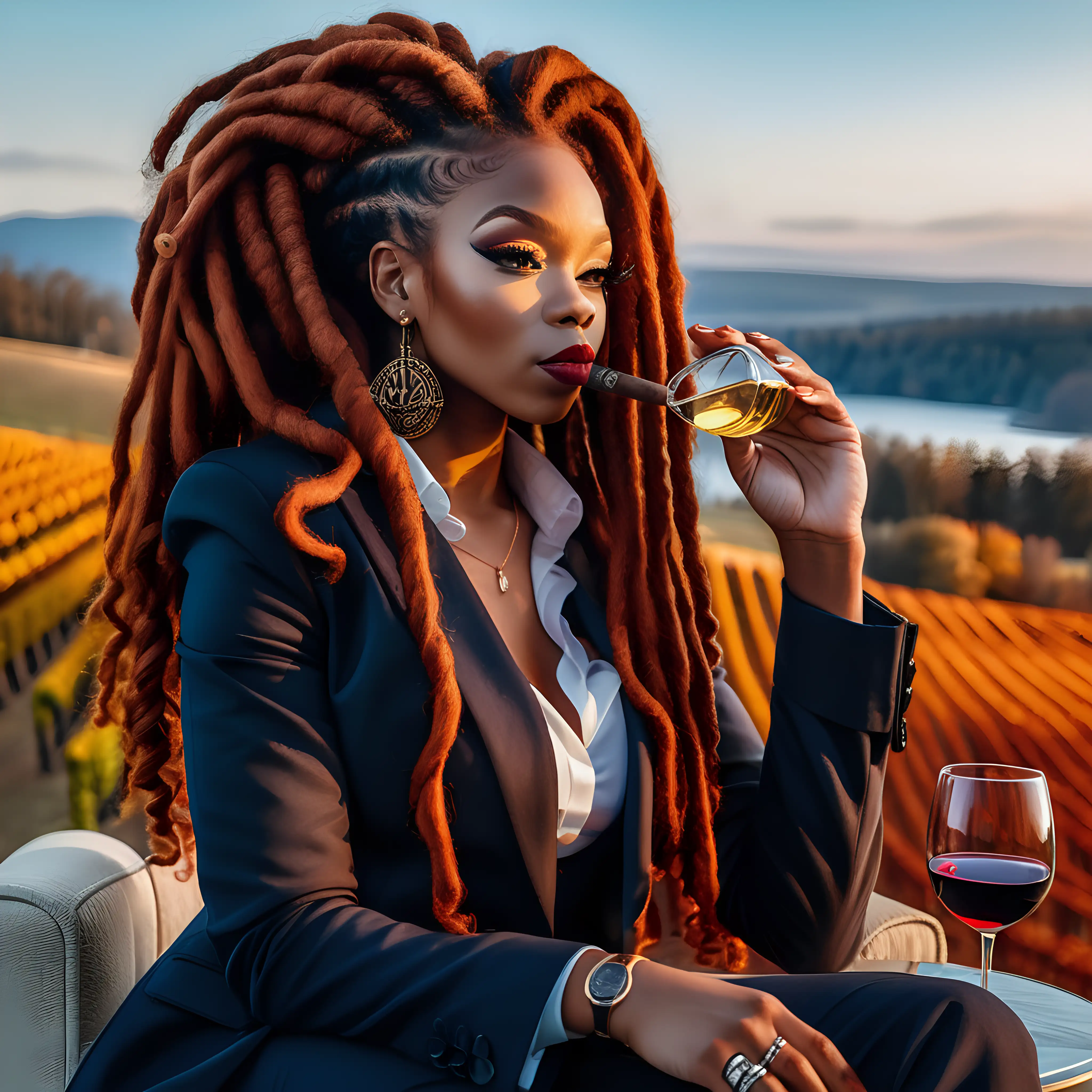 An  realistic beautiful
Black woman wearing beautiful ginger long colored dreadlocs hairstyle,  boss babes, glam,  at a luxury winery drinking wine, and smoking a cigar, wearing luxury winter clothes