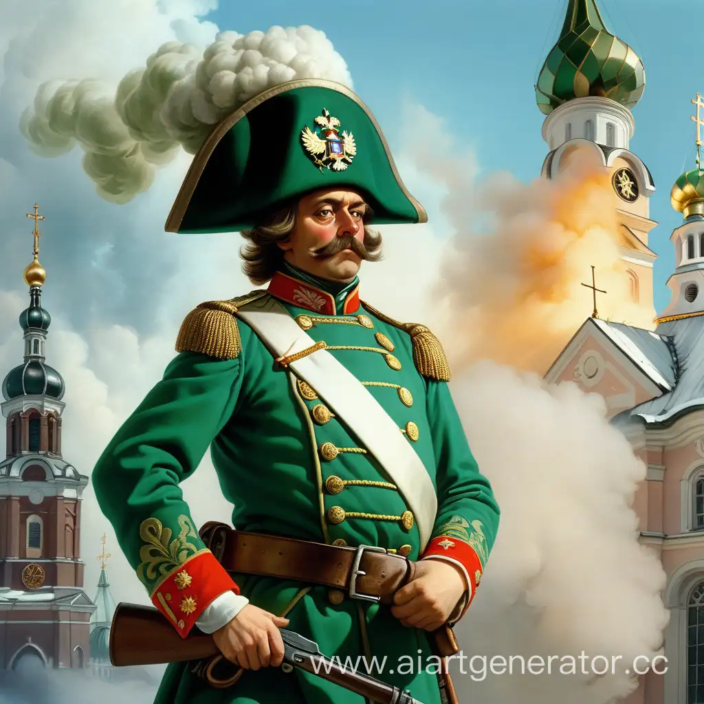Гвардеец Петра 1 с мушкетом вокруг которого дым от пушечных выстрелов в в зелёном мундире, итреуголке на голове а позади него церковь с флагом Российской империи
