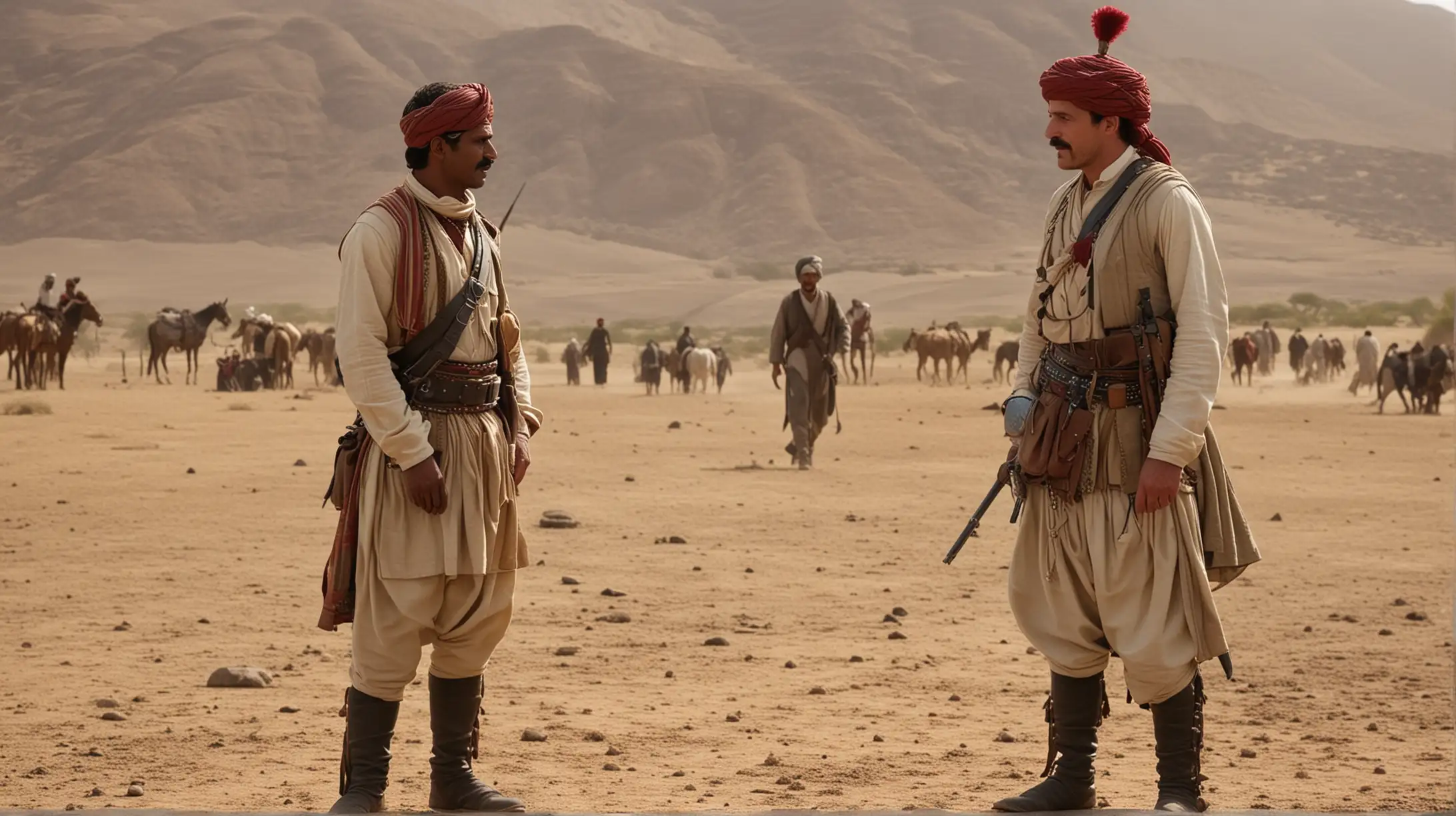 19th century colonial Britisher Imperial English-Governor is negotiating with a tribal Baloch man. Cinematic