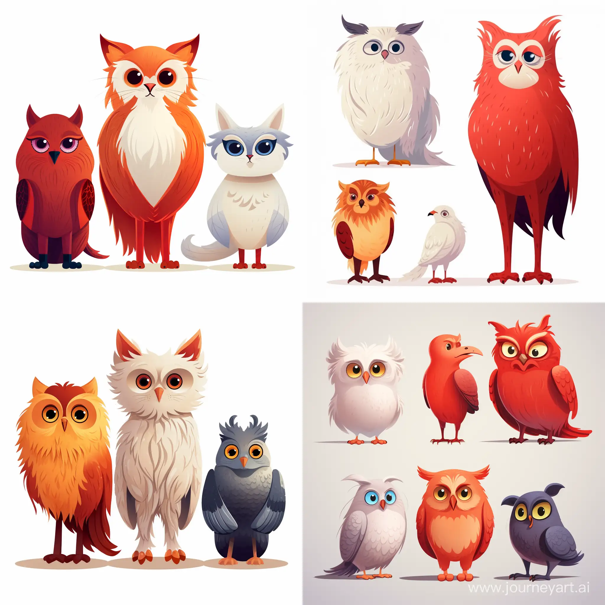 figures of animals standing apart: Hedwig (or Hedwig) snow-white owl 
Scabbers – a rat,
Crookshanks – a big red cat,
on a white background, bright colors, cartoon style, illustration