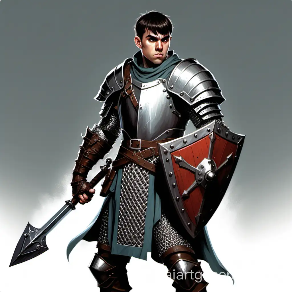 A Dungeons and Dragons character. He's wearing chainmail fullbody armor and a shield on his back. In his right hand he's holding a steel warhammer. He looks anxious. He has straight short hair.