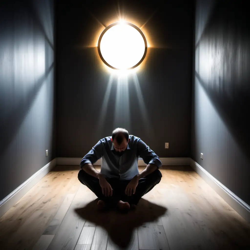 Depressed Man in his 40s sat on the floor of an apartment with wooden floors looking down disparingly with a halo above him