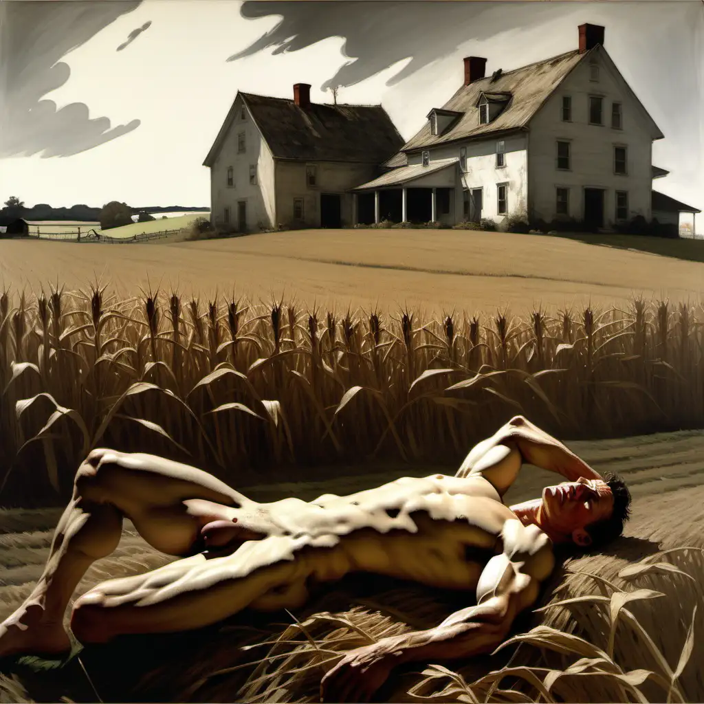 Prompt
A painting in the style of Christinas World by Andrew Wyeth og a naked beautiful muscular man, laying in a cornnfield looking up at his farmhouse in the background