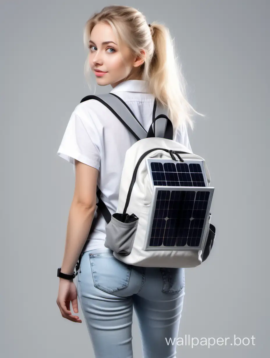 Young girl of 29 years old, blonde, light eyes, angelic face, wearing a white shirt and jeans with gray sneakers, with a solar backpack on her back., full body view.