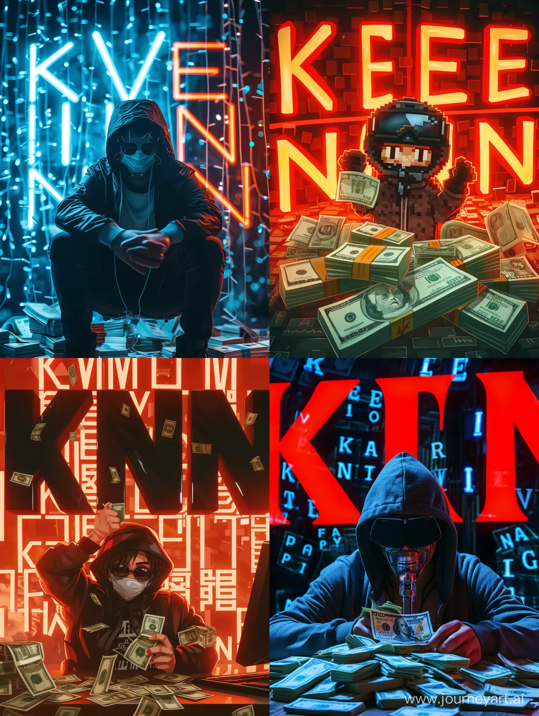 картинка с персонажем хакер, много денег, фон большие буквы k,e,v,i,n