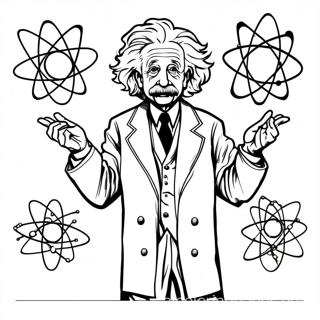 Albert Einstein holding a Atom in his hand and holding it out to the others
(Full body coloring page), Coloring Page, black and white, line art, white background, Simplicity, Ample White Space. The background of the coloring page is plain white to make it easy for young children to color within the lines. The outlines of all the subjects are easy to distinguish, making it simple for kids to color without too much difficulty