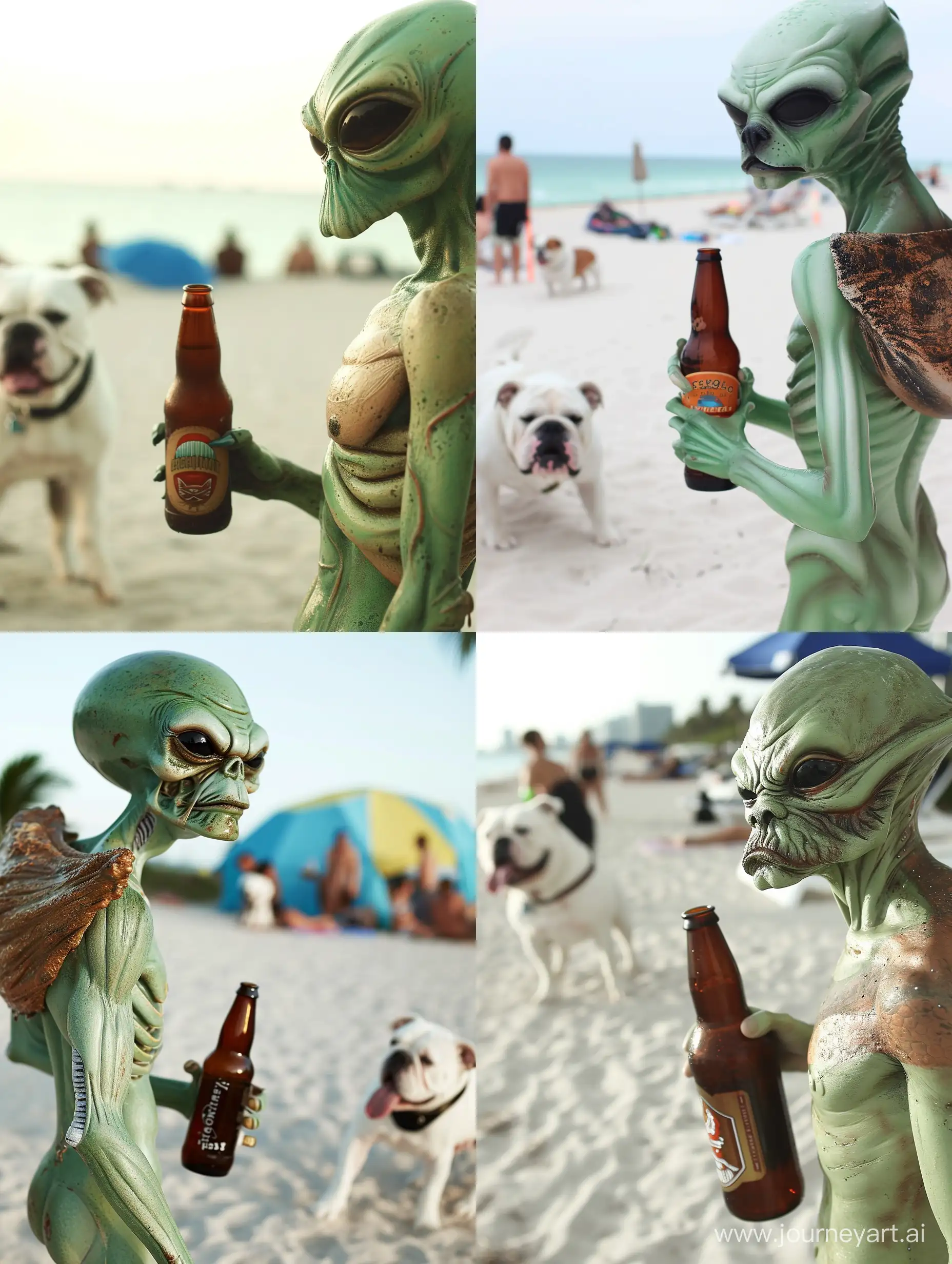 Extraterrestrial-Alien-with-Unique-Appearance-Enjoying-Beer-on-Miami-Beach-with-Bulldog-Companion