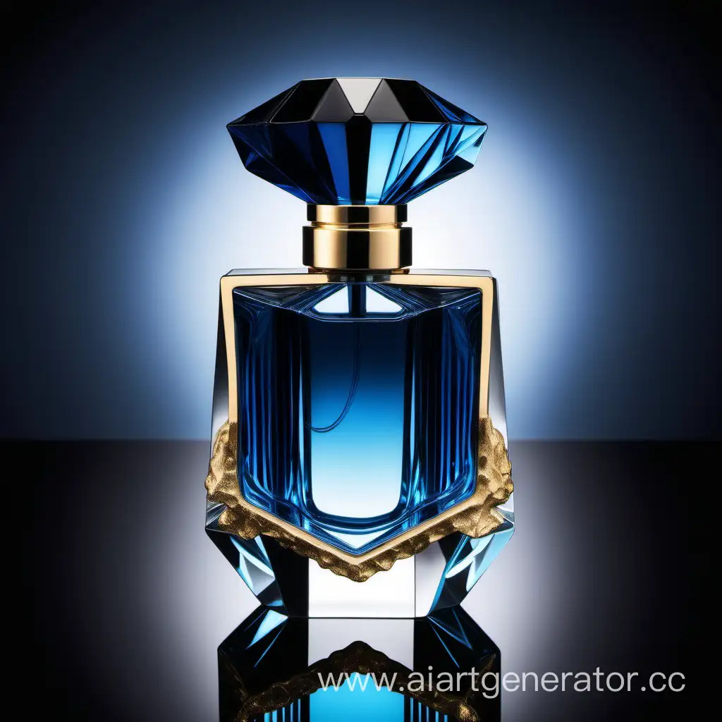 a crystal clear perfume bottle made of blue ,black and gold
transparent