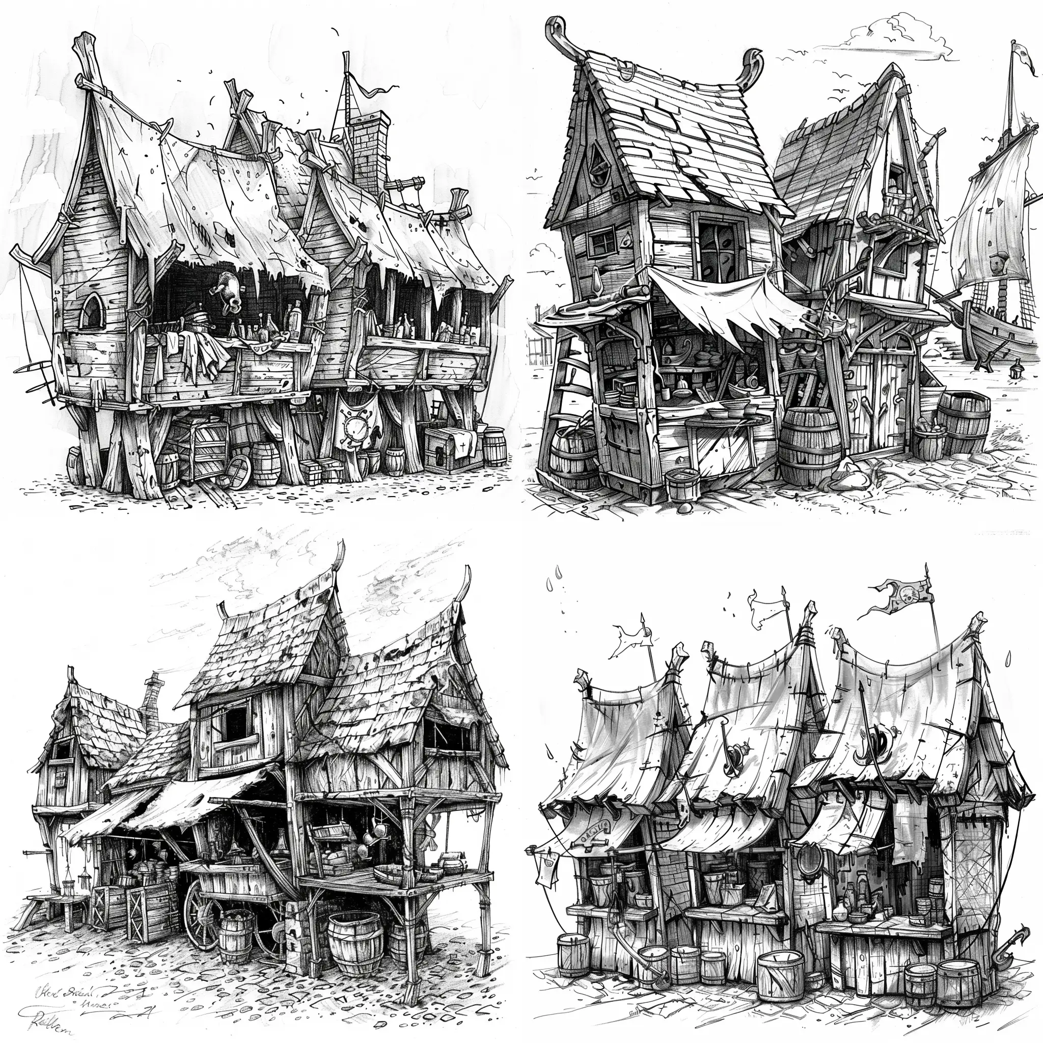 children's book illustration in black and white, basic sketch of 3 medieval market stalls or very old shop fronts in an old seaside village, the stall could be made from parts of an old wooden pirate ship, in the style of chris riddell's art