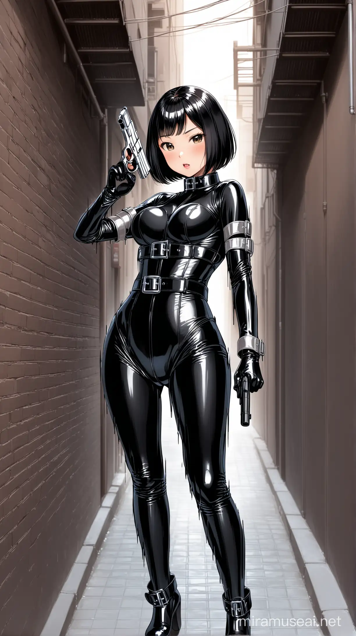 A cute Asian woman with a shot bob cut,  aiming a pistol, in an alleyway, wearing a shiny black catsuit, closed catsuit, gloves, a corset with silver buckles,wearing a glossy black catsuit. neck collar, fetish corset. long gloves, arm straps. many belts. thigh straps. heavy rubber outfit. fetish wear. solo.