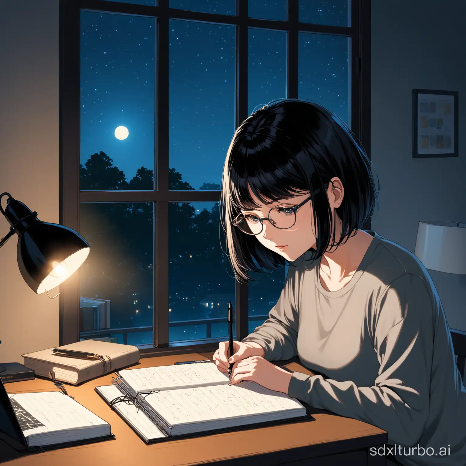 The woman with black bob hair wearing glasses and a grey long-sleeve t-shirt is writing something beside the window at night. Her eyes are looking at the notebook. There is a lamp on the desk, and some books are on the corner of the desk, with a computer in front of it.