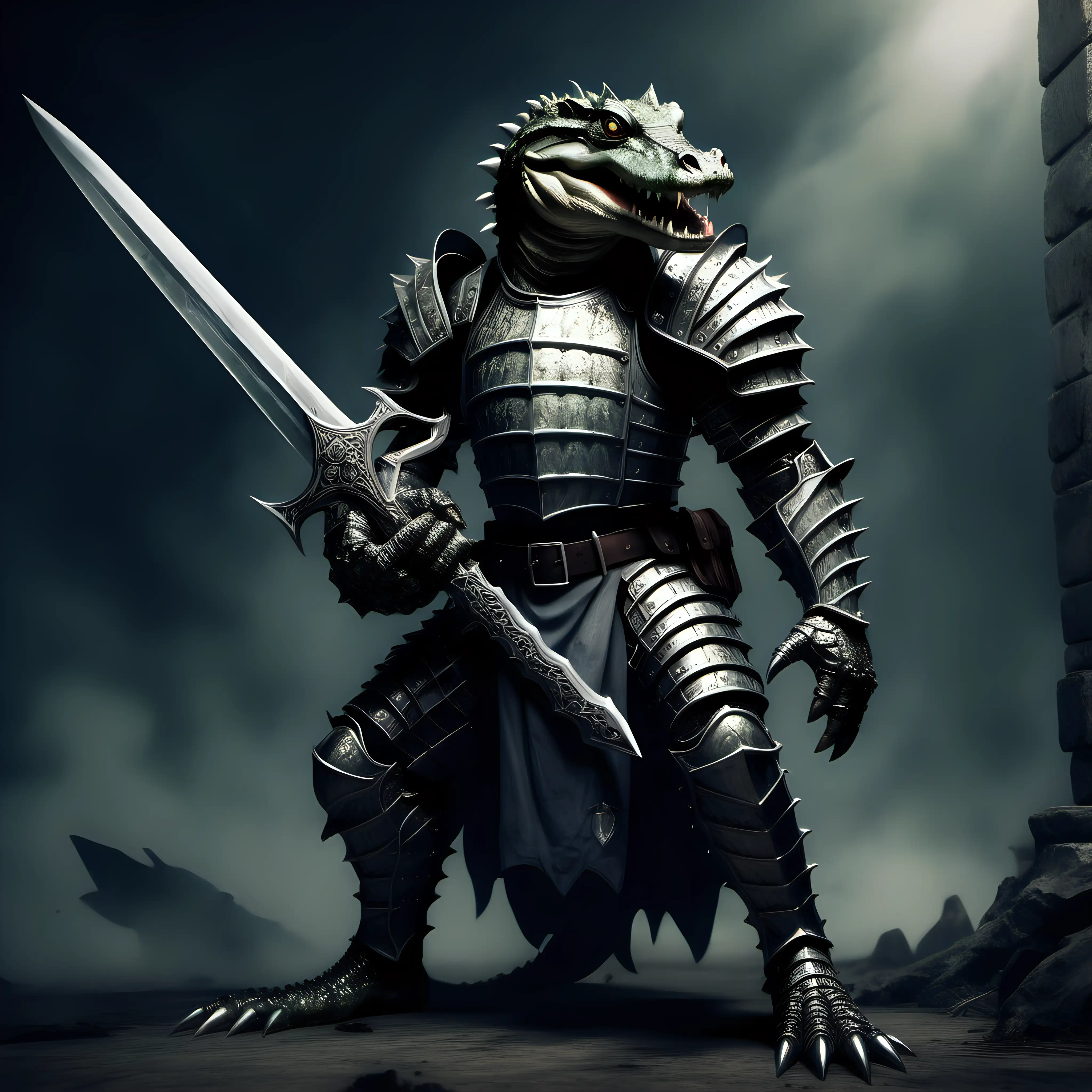 Soldado caiman, en armadura gotica, portando enorme espada