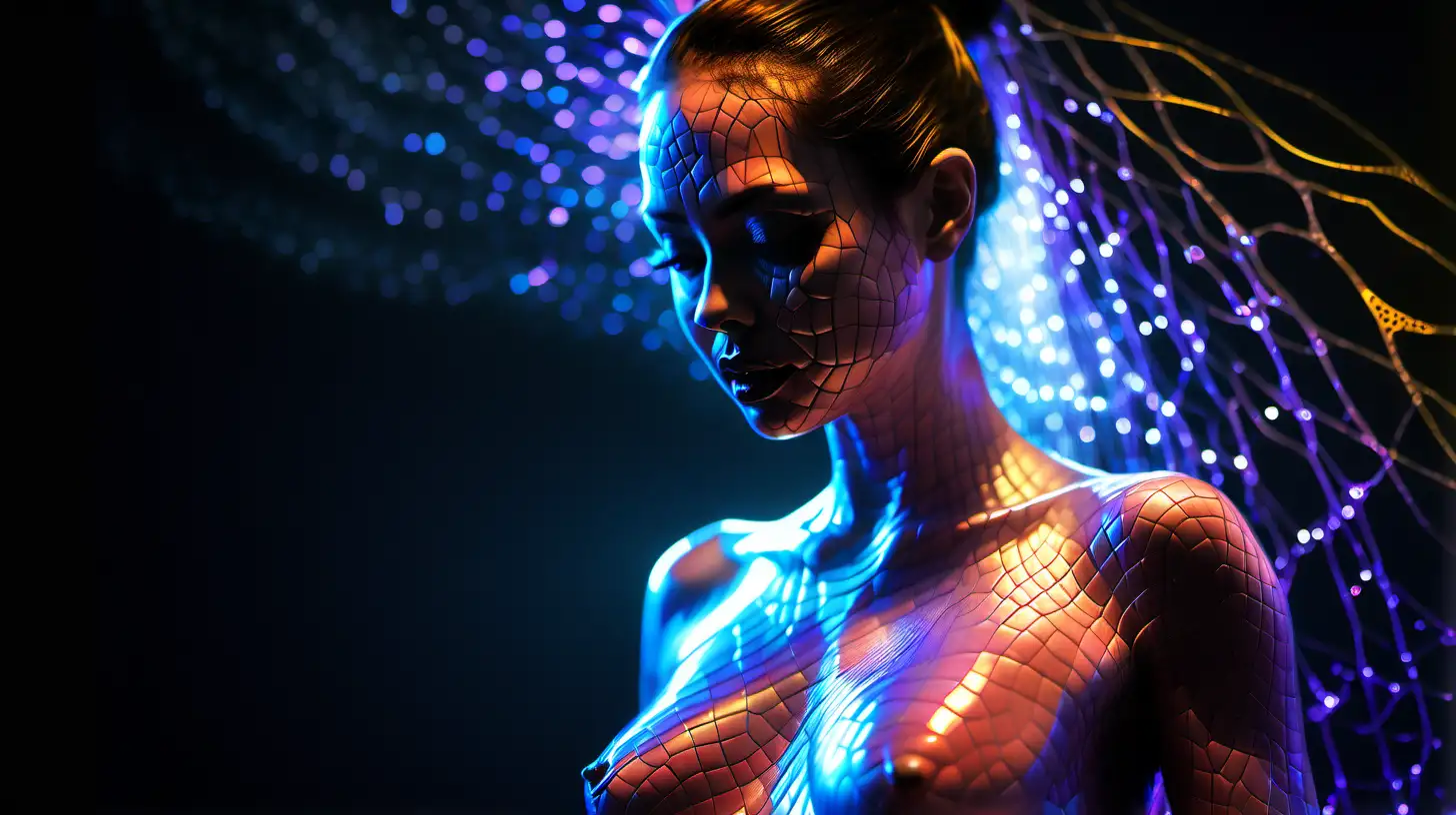  high quality, 8K Ultra HD, highly detailed, masterpiece, super realistic, masterpiece of the silhouette of a woman, phantasmagorical figure, (((translucent skin:1.5))), (((translucent body:1.5))), art, neon lights, light particles, colorful, cmyk colors, backlit, enhance beauty, (((sensual))), full body, extremely hyper detailed, cinematic 8k, model photography