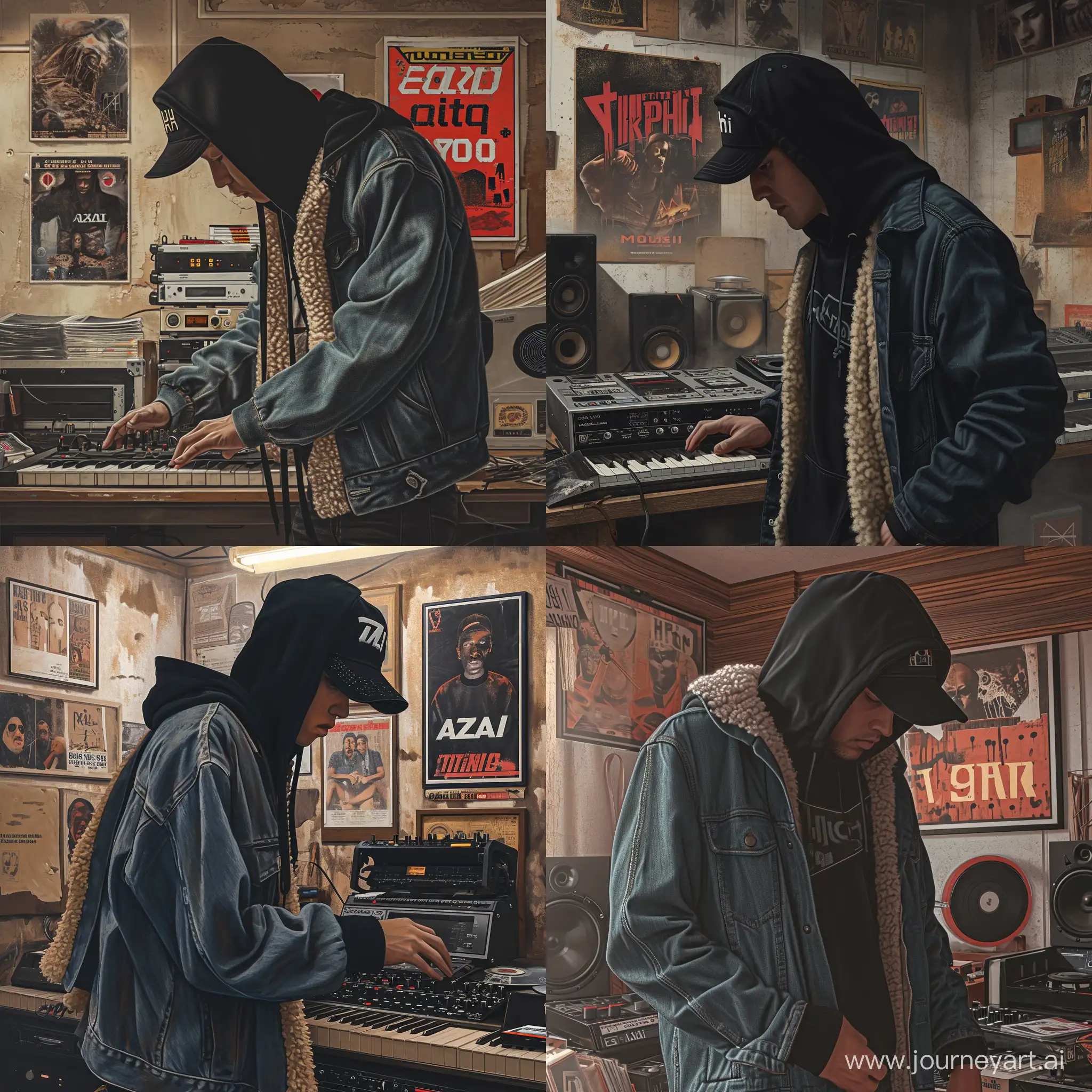 "Frame by frame. Style: Hyperrealism. Character: A man in a black hoodie (hood not worn on the head), black snapback cap, denim 'trucker' style jacket lined with sheep's wool. Environment: A dusty music studio in a basement, featuring akai music equipment and vinyl records and old horror movies posters on the wall. Action: The character is either creating music or listening to a recording on a cassette. Lighting and colors: Natural lighting suggesting cloudy skies, with a focus on earthy and neutral denim shades. Perspective and composition: Adhering to the golden ratio, focusing on the character and their interaction with the music equipment. Negative Prompt: No neon colors, other characters, unrelated objects, bright colors, elements of fantasy or surrealism. Additional information: To be used as a hip-hop album cover, capturing an atmosphere of concentration and passion for music. Tags: #hiphop, #musicproduction, #akai, #studio, #mixtape. Notes: Emphasis on the details of the clothing and authenticity of the music equipment.