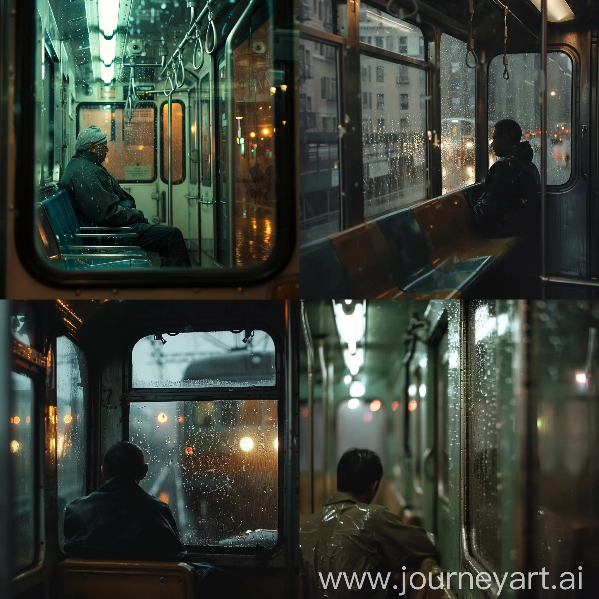 a man sitting in a train while it is raining