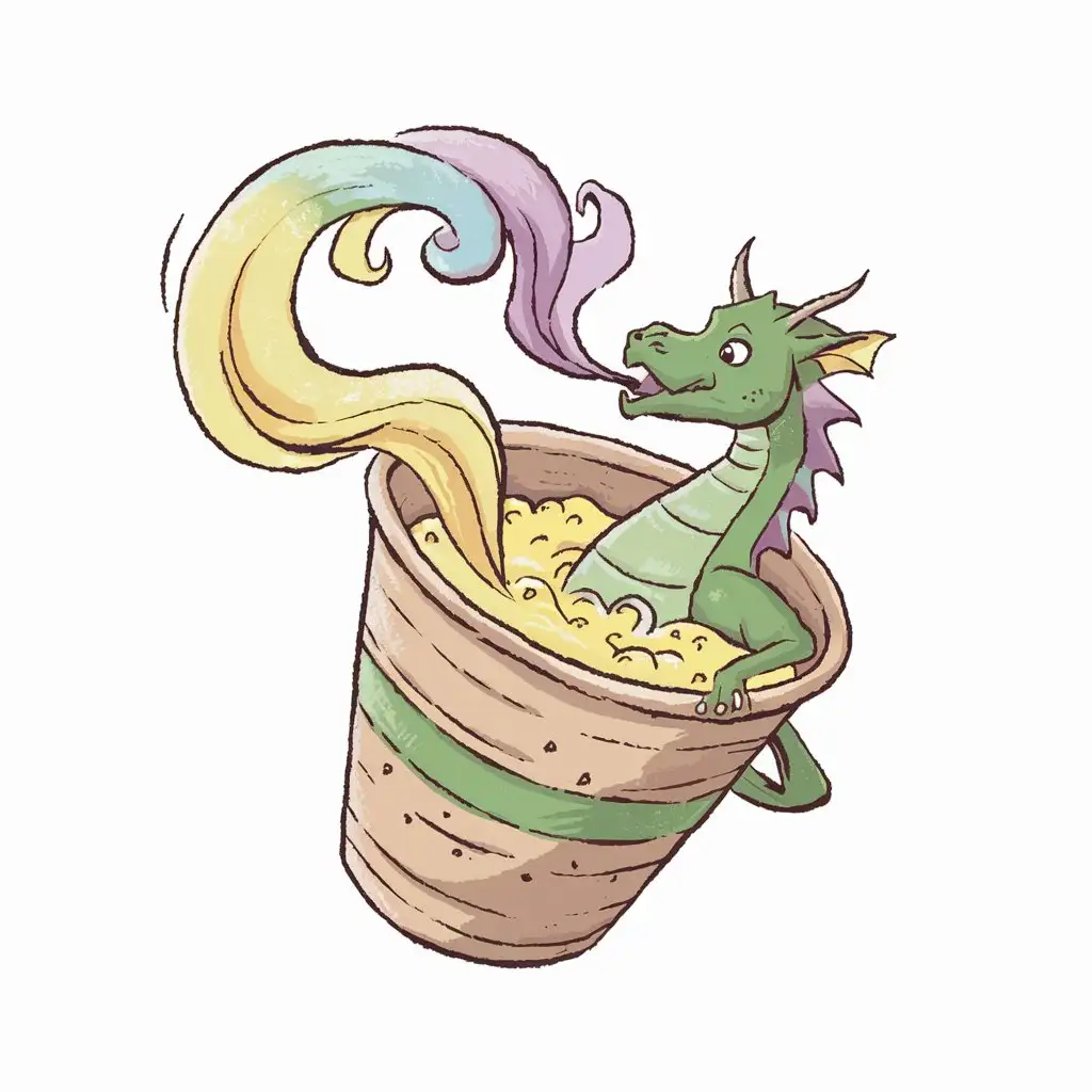 A cardboard cup with a dragon tilted. Lemonade spills out of it. Colored smoke flies out of the tube and wraps around the cup. Image in pastel colors.