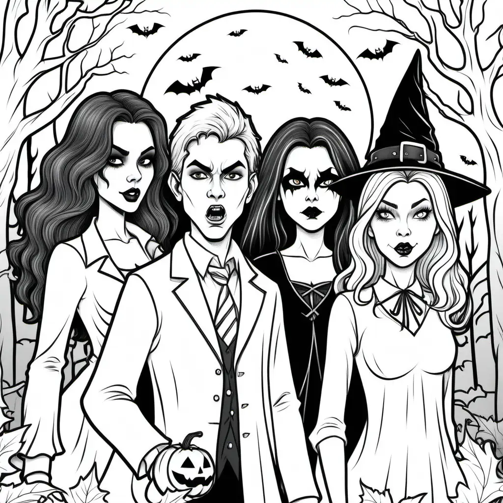 simple black and white halloween coloring book picture of real teenagers as vampire, wolf, and witch 