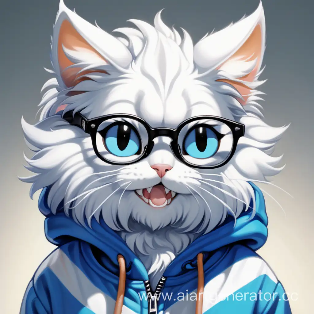 portrait of a white fluffy kemono cat who stands against the wall in round glasses and a black hooded sweatshirt, he has black pupils, white eyes, blue stripes on the ends of his ears and blue stripes on his tail, he has big ears and a small mouth and big eyes, neon winks and he has two small teeth sticking out and he Smiling with his mouth open