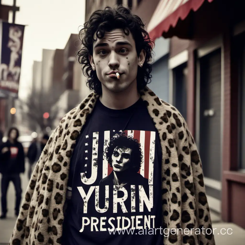 A guy with sharp rocks and curly dark hair is dressed in grunge style. He holds a rotten cigarette in his hand and a large teddy bear in his other hand. Behind this one, the US flag and the inscription "Jimmy Yurin For President" are hanging early. He's wearing a cute T-shirt and a Leopard wool Cape. His tongue is pierced and a pair of small earrings are visible on his ears. The guy looks a little sleepy, but he's happy.