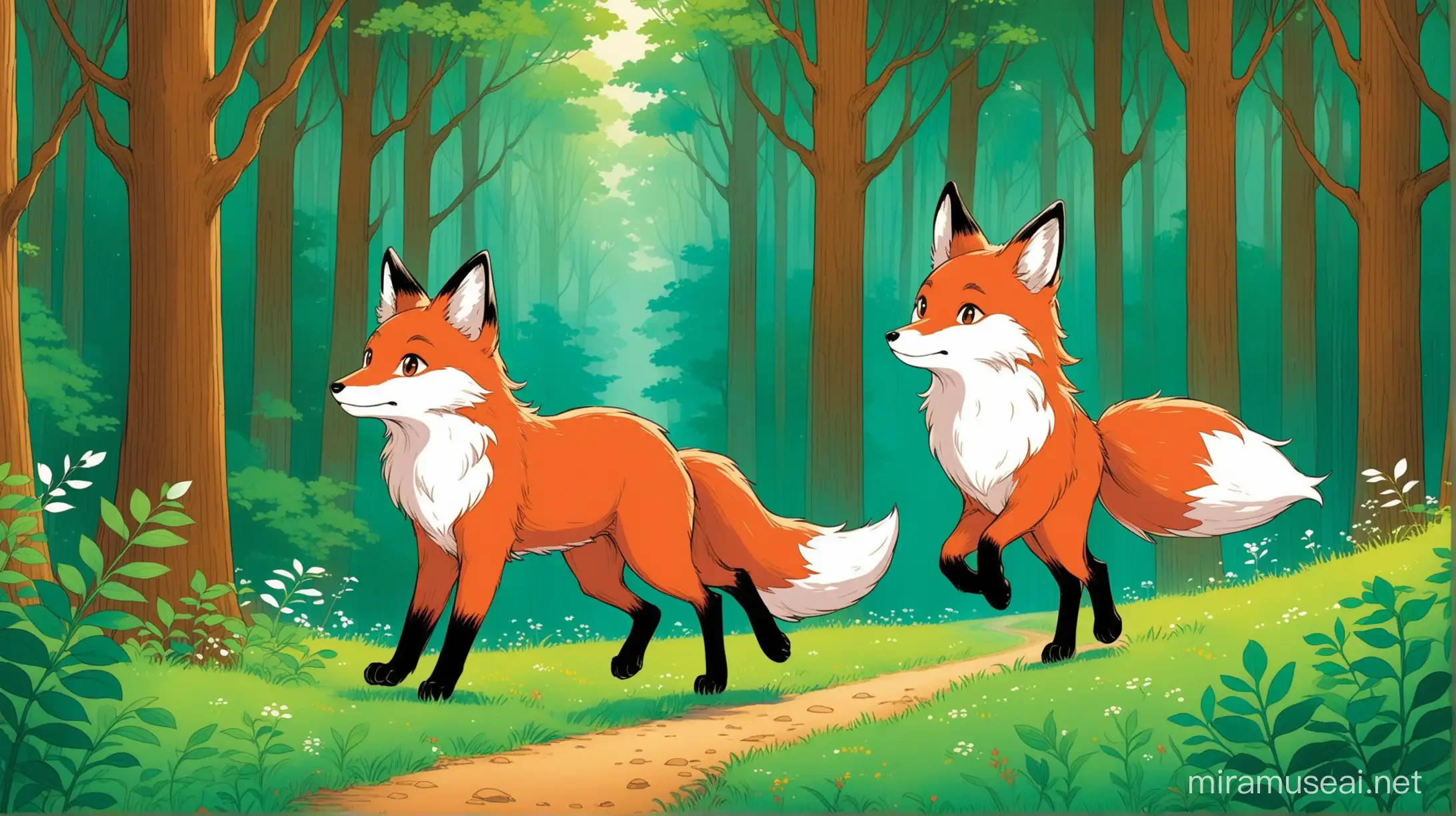 吉普力风格，儿童童书插画，卡通手绘，一只白色的狐狸和一只红色的狐狸在林间行走。