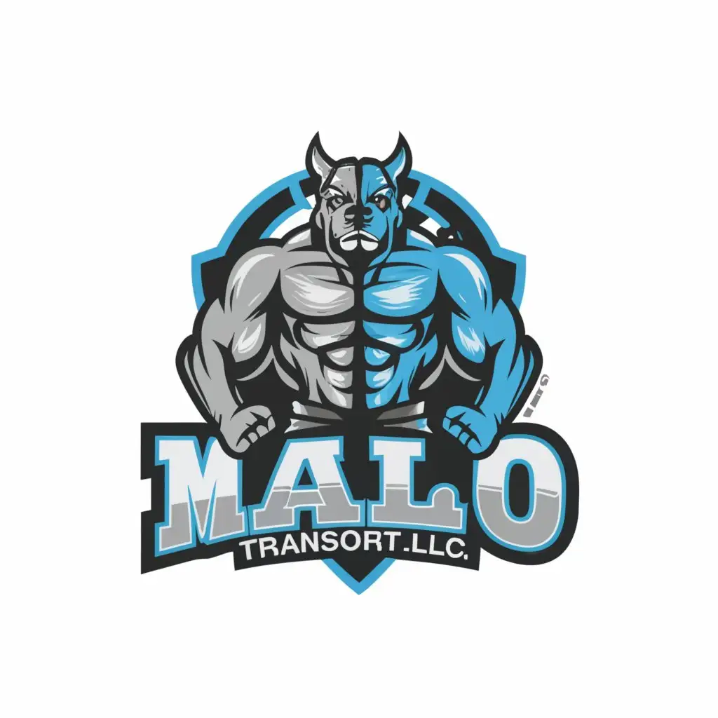 a logo design,with the text 'Malo Transport LLC', main symbol:Bodybuilding Pitbull with a spartan helmet on looking like a warrior with blue shield in background,Moderate,clear background