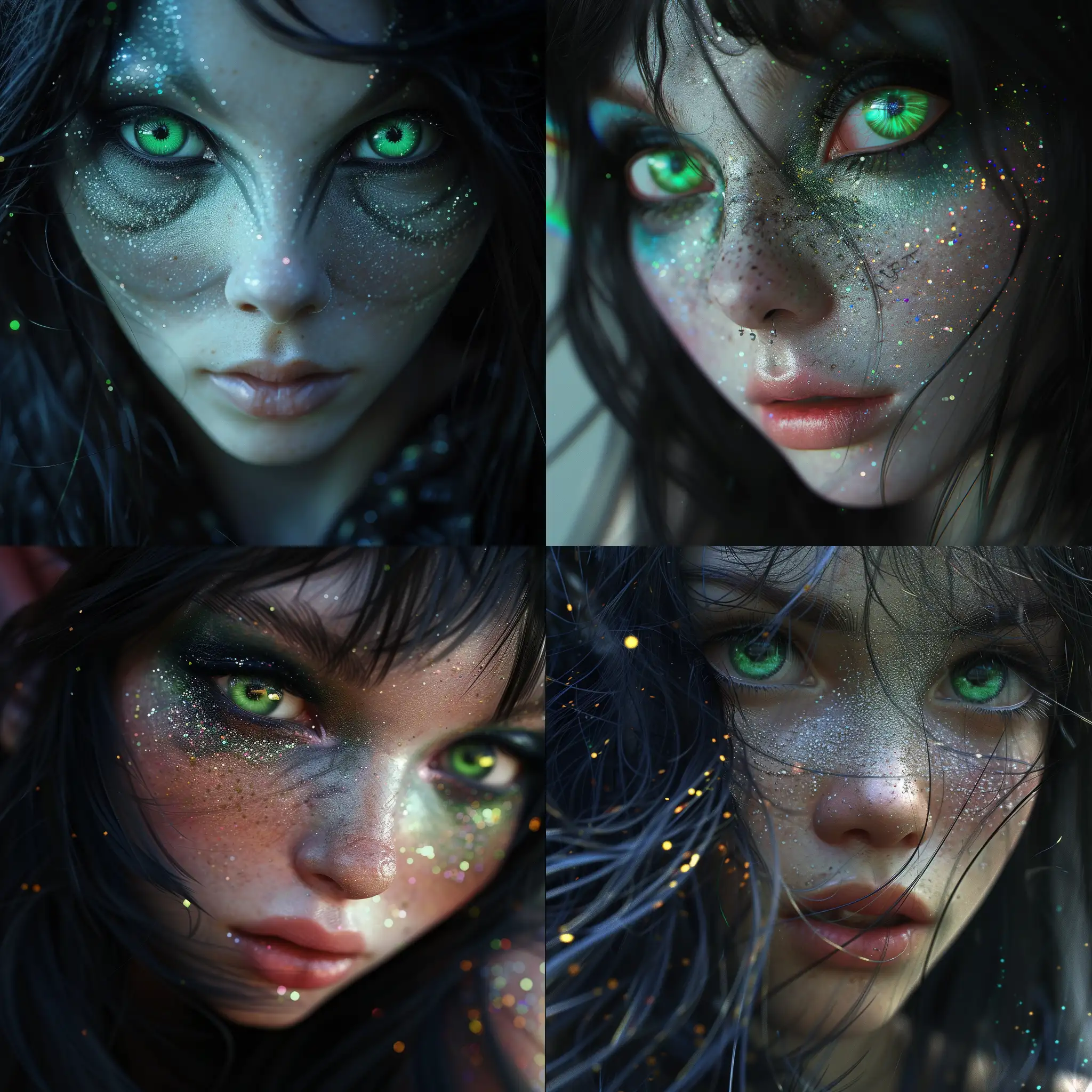 A close up image of an alien elven girl with black hair, bright green eyes and glitter on her face. Highly realistic, detailed, fantasy, sci fi
