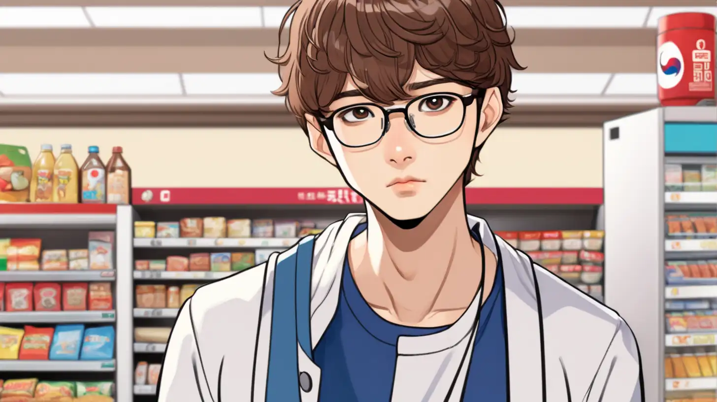 Korean guy young, brown hair, sad, wearing glasses and convenience store uniform, webtoon style